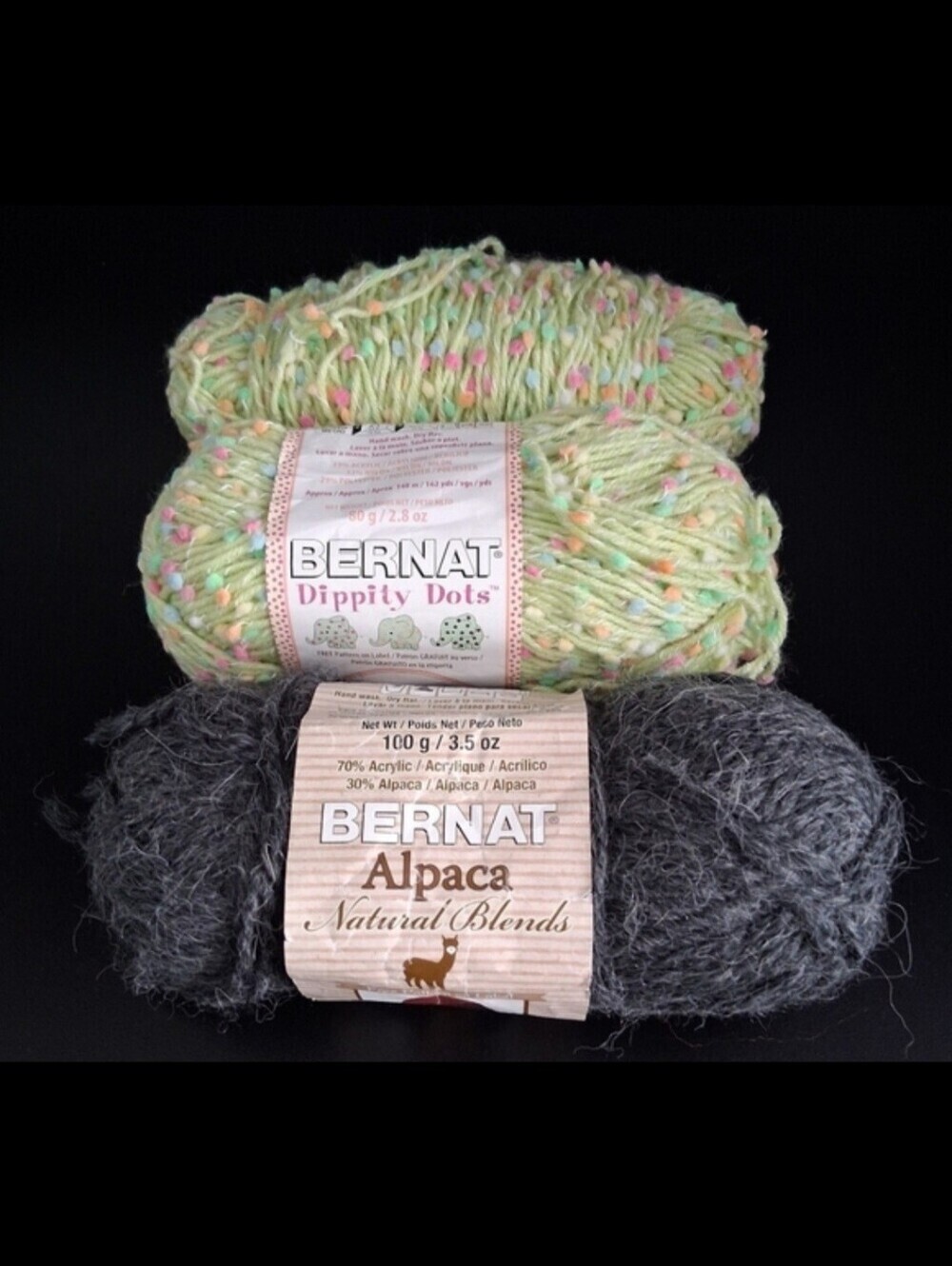 NWT Lot Of 3 Bernat Green Dippity Dot PomPom & Grey Assort Material Knit Yarn
